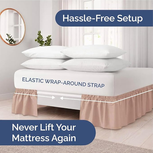 Wrap Around Dust Ruffle Bed Skirt - Mauve - for Queen Size Beds w/ 15 Inch Drop - Easy Fit Elastic Strap - Adjustable Pleated Bedskirt w/Brushed Fabric - Wrinkle Free - for Women, Men, Kids & Teens