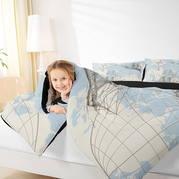 Nautical Queen Comforter Set, Retro Sailboat Bedding Set for Boys Girls Kids Teens, World Map Sketch Down Comforter, Vintage Anchor Compass Duvet Set, Yacht Ship Kids Comforter Sets, White Blue 3Pcs