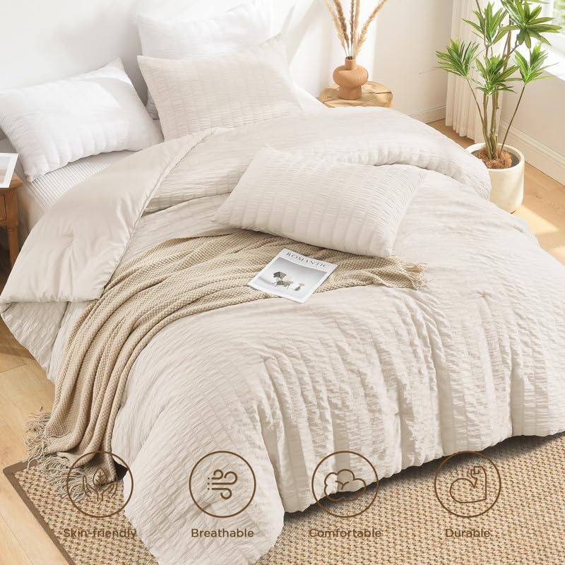 AveLom Seersucker Oversized King Comforter Set Beige (120x98 in), 3 Pieces 100% Soft Washed Microfiber Lightweight Comforter with 2 Pillowcases, All Season Down Alternative Comforter Set for King Bed