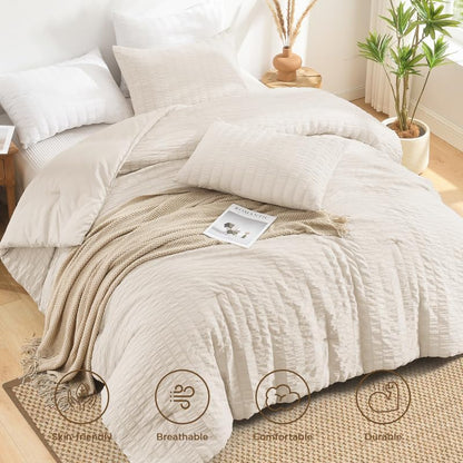 AveLom Seersucker Oversized King Comforter Set Beige (120x98 in), 3 Pieces 100% Soft Washed Microfiber Lightweight Comforter with 2 Pillowcases, All Season Down Alternative Comforter Set for King Bed