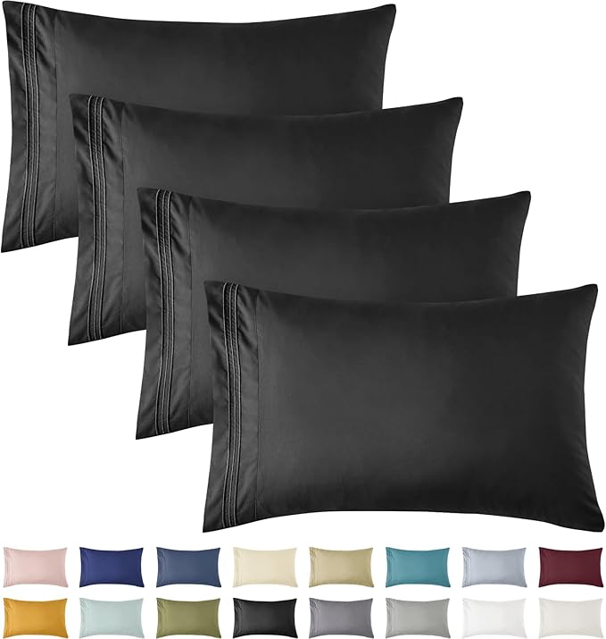 YIYEA Pillow Cases Queen Size Set of 4, Ultra Soft 1800TC Hotel Quality Double Brushed Microfiber Embroidered Pillowcases, Envelope Closure, Fade Resistant (20"x30", Black)