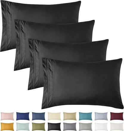YIYEA Pillow Cases Standard Size Set of 4, Ultra Soft 1800TC Hotel Quality Double Brushed Microfiber Embroidered Pillowcases, Envelope Closure, Fade Resistant (20"x26", Black)