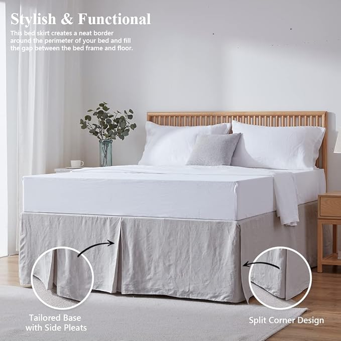 Simple&Opulence Belgian Linen Bed Skirt with Classic 14 inch Tailored Drop Dust Ruffle, Easy Fit Breathable Premium Natural Flax- Basic Grey, California King