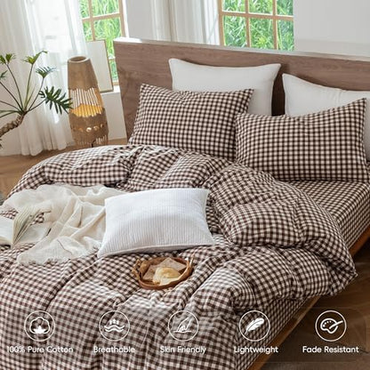 MooMee Gingham Duvet Cover Set 100% Washed Cotton Linen Like