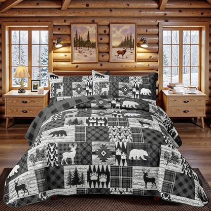 3 Piece Cabin Full/Queen Quilt Sets Farmhouse Rustic Reversible Microfiber Soft Lightweight Bedspread Comforter with 2 Shams Patchwork Country Lodge Bedding Quilts Set for All Season, 90''x96'' , Grey