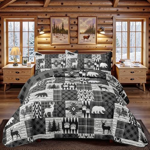 3 Piece Cabin King Size Quilt Sets Farmhouse Rustic Reversible Microfiber Soft Lightweight Bedspread Comforter with 2 Shams Patchwork Country Lodge Bedding Quilts Set for All Season, 106''x96'', Grey