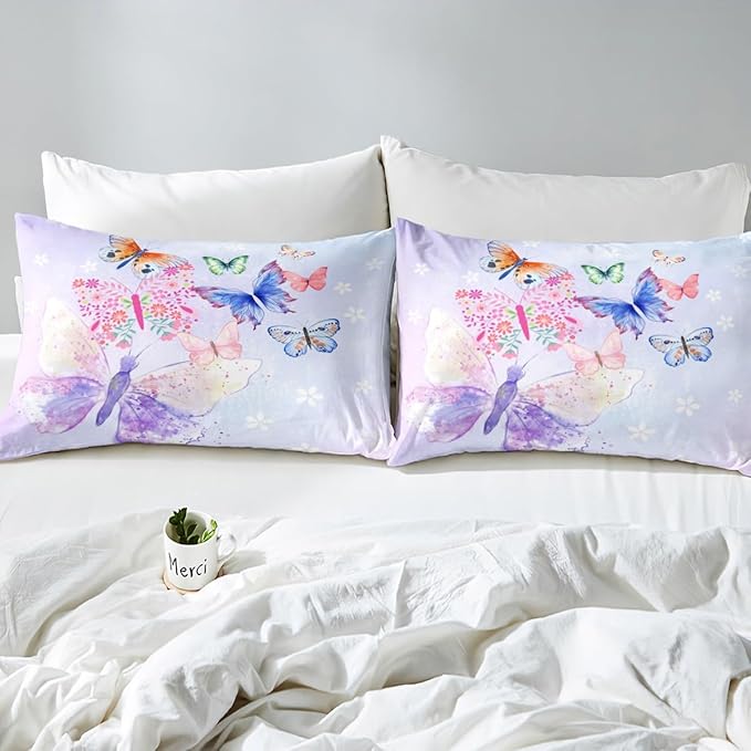 Purple Butterfly Bedding Set Kids Girls Butterflies Duvet Cover Set Daisy Flowers Comforter Cover Set Rustic Flying Animal Bedspread Cover Bedroom Quilt Cover Twin with 1 Pillowcase,No Comforter
