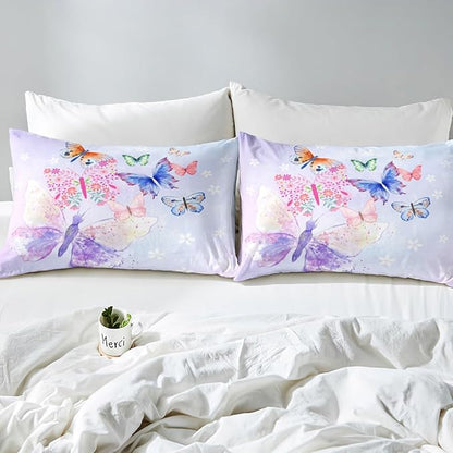 Purple Butterfly Bedding Set Kids Girls Butterflies Duvet Cover Set Daisy Flowers Comforter Cover Set Rustic Flying Animal Bedspread Cover Bedroom Quilt Cover Twin with 1 Pillowcase,No Comforter
