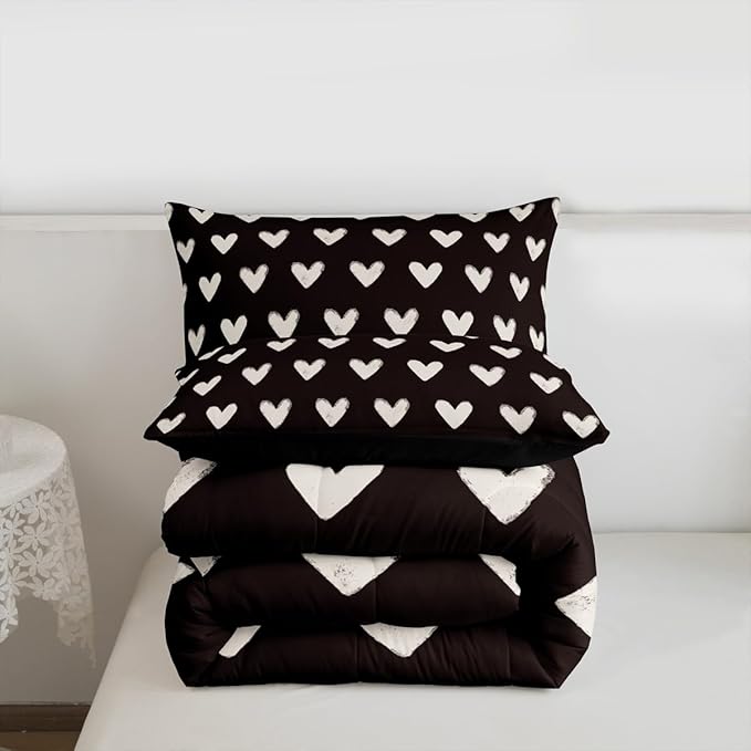 Black White Comforter Set Twin Size Cute Heart Pattern Bedding For Kids Boys Girls Valentine Day Gift Quilt Cartoon Love Geometric Duvet Insert Love Heart Bedding Sets Soft Warm Down Comforter 2Pcs