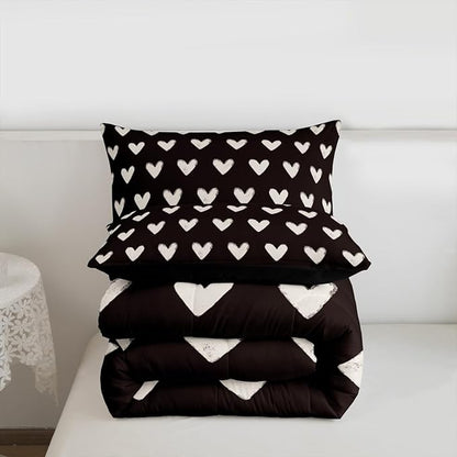 Black and White Full Size Comforter Sets for Girls Cute Heart Pattern Bedding for Teens Valentine Day Gift Cartoon Love Geometric Duvet Insert Love Heart Down Comforter Cute Bedding Quilt 3Pcs