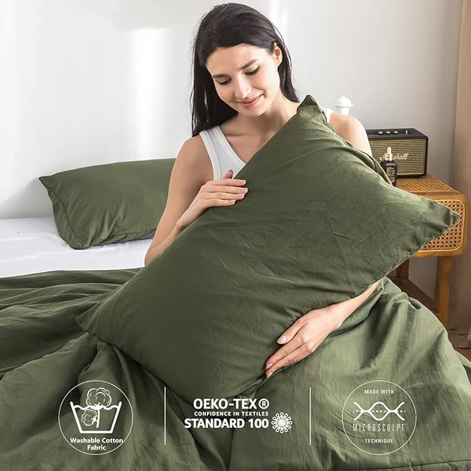 COTTEBED Ultra-Soft King Bedding Comforter Sets Bed, All Season Use Light Weight with Warm Fluffy Washed Cotton Microfiber,1 Bed Blanket Comforter & 2 PillowSham(King/California King Dark Olive Green