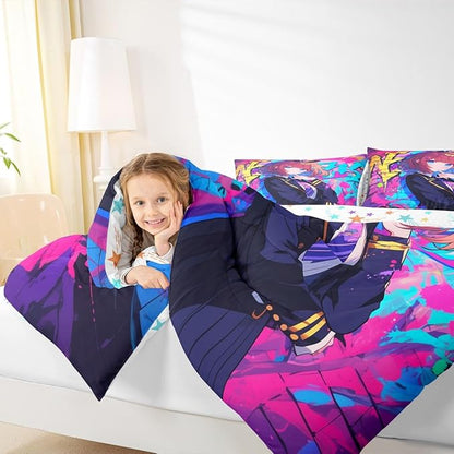 Erosebridal Girls Japanese Anime Comforter Set Queen, Kawaii Anime Girl Bedding Set Cartoon Girl Duvet Insert for Kids Teens Adult, Japanese Animation Sci Fi Style Quilt with 2 Pillow Cases