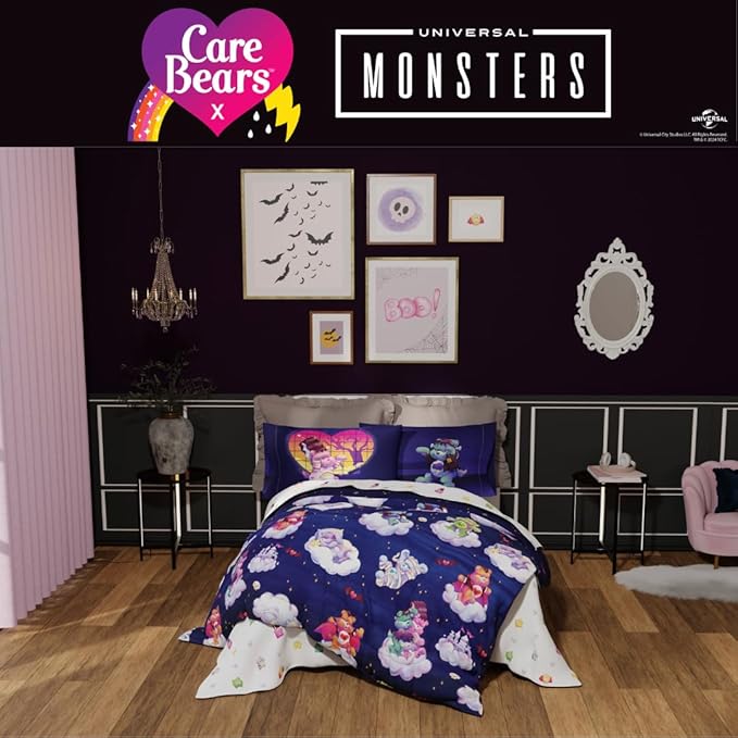 Care Bears x Universal Monsters Halloween Bedding 5 Piece Super Soft Cozy Reversible Comforter and Sheet Set with Sham, Twin, (Officially Licensed Product) By Franco