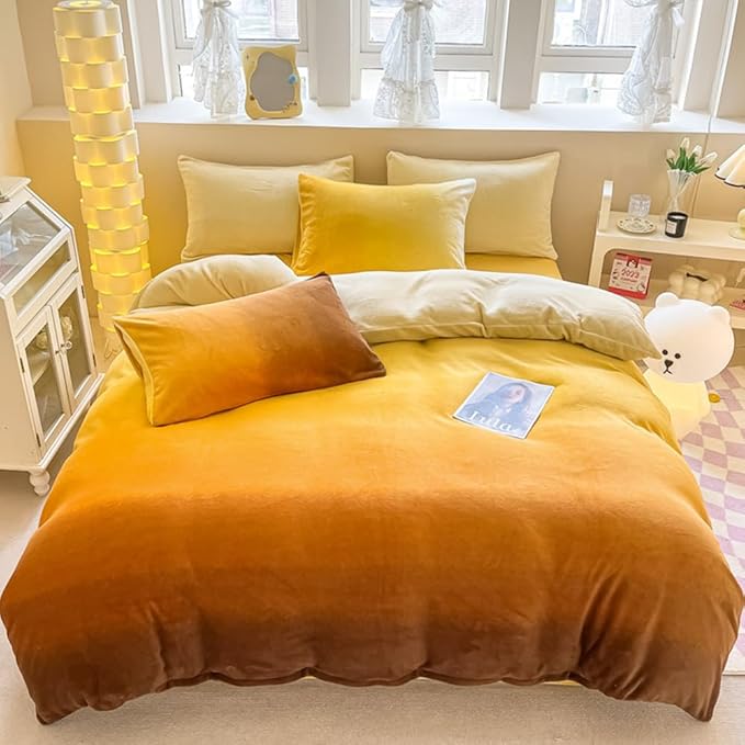 CLOTHKNOW Orange Yellow King Size Comforter Set Velvet Bedding Comforter Sets Soft Dark Yellow Comforter with 2 x Pillow Cases