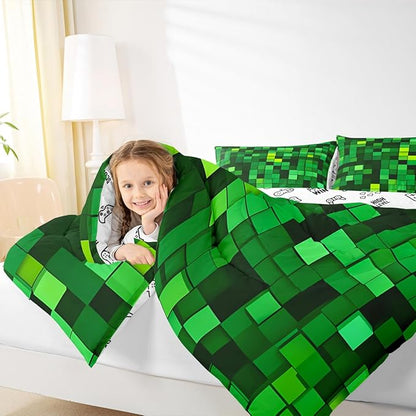 Manfei Pixelated Blocks Miners Girls Bedding Set Twin Size, Video Games Game Gamepad Comforter Set，Geometric Grid Patchwork Quilt Comforter Girls Boys Teens,Green Room Decor All Season,1 Pillowcase