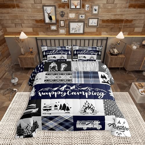 Camping Adventure Comforter Set King Size,RV Camper Accessories for Travel Trailers Bedding Set All Season Quilt Set,Rustic Blue Plaid Boho Aztec Exotic Microfiber Polyester Down Comforter