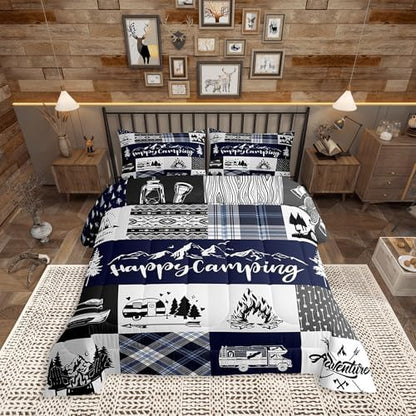 Camping Adventure Comforter Set King Size,RV Camper Accessories for Travel Trailers Bedding Set All Season Quilt Set,Rustic Blue Plaid Boho Aztec Exotic Microfiber Polyester Down Comforter