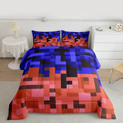Pixelated Blocks Miners Comforter Set King Size,Video Games Game Gamepad Kids Bedding Set,Geometric Grid Patchwork Quilt Comforter,Blue Red Duvet Insert,2 Pillowcases