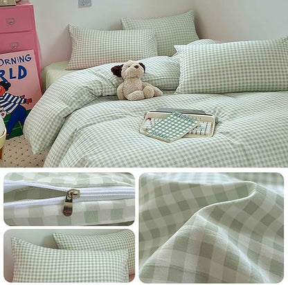 Nayoroom Green Gingham Duvet Cover Full Size Plaid Dorm Bedding Set 3 Pieces Grid Checkered Duvet Cover with 2 Pillowcases, Soft Breathable Washed Microfiber