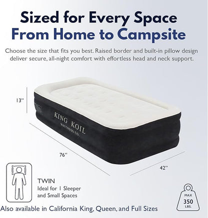 King Koil Plush Pillow Top Twin-Size Inflatable Air Mattress with Built-in High-Speed Pump for Camping, Home & Guests - Luxury Twin Airbed Blow Up Mattress Waterproof, 1-Year Warranty