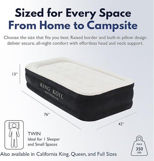 King Koil Plush Pillow Top Twin-Size Inflatable Air Mattress with Built-in High-Speed Pump for Camping, Home & Guests - Luxury Twin Airbed Blow Up Mattress Waterproof, 1-Year Warranty