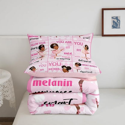 Castle Fairy Kawaii Girly Ballet Comforter Set King Size American Style Princess Bedding Set Bedroom Decor Motivational Quotes Quilt Set for Kids Girls Pink Artistic Dancer Duvet Insert 3Pcs