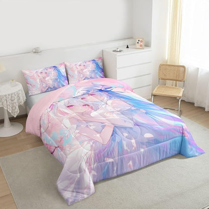 Erosebridal 3D Kawaii Girly Bedding King Size, Japanese Girl Comforter Set for Kids Toddler Girls Cherry Blossoms Bedding Comforter Sets, Watercolor Romance Duvet Set Happy Friendship Down Comforter