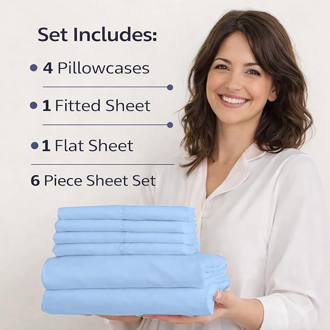 Mattress-Homes Queen Sheet Set 6 Piece – 100% Egyptian Cotton Sheets, Hotel Luxury Collection, 18 Inch Deep Pocket Queen Bed Sheets Set with 4 Pillowcases, Light Blue Solid