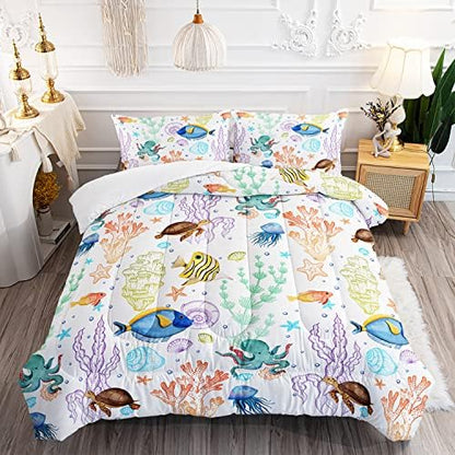 Turtle Comforter Set Queen Ocean Watercolor Sea Turtle Bedding Set Tropical Fish Marine Life Bed Set with 2 Pillowcases for Kids Room Decor