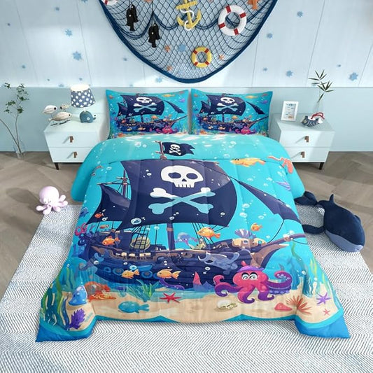 Castle Fairy Cartoon Pirate Boat Comforter Set King Size Cute Octopus Ocean Fish Bedding Set Bedroom Decor Funny Undersea World Quilt Set for Kids Boys Girls Watercolor Seaweed Duvet Insert 3Pcs