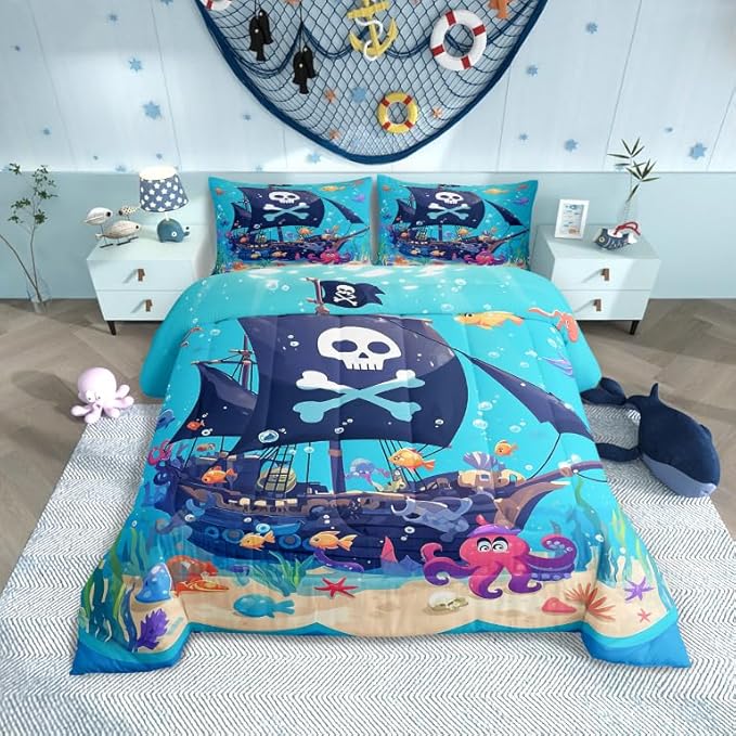 Castle Fairy Cartoon Pirate Boat Comforter Set Full Size Cute Octopus Ocean Fish Bedding Set Bedroom Decor Funny Undersea World Quilt Set for Kids Boys Girls Watercolor Seaweed Duvet Insert 3Pcs