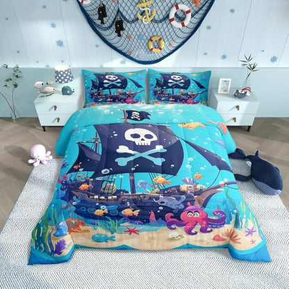 Castle Fairy Cartoon Pirate Boat Comforter Set Full Size Cute Octopus Ocean Fish Bedding Set Bedroom Decor Funny Undersea World Quilt Set for Kids Boys Girls Watercolor Seaweed Duvet Insert 3Pcs
