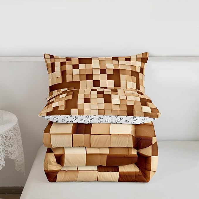 Pixelated Kids Bedding Set King Size,Patchwork Grid Video Games Comforter Set,Miners Lattice Simple Quilt Comforter,Light Brown Bedroom Duvet Insert,2 Pillowcases