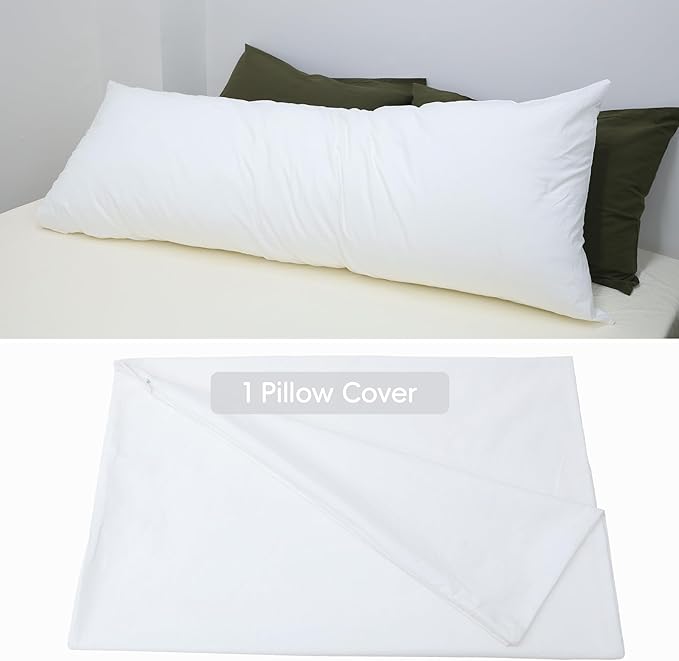 MooMee Body Pillow Cover Pillowcase with Zipper 100% Washed Cotton Linen Like Textured Breathable Durable Soft Comfy (Bright White, 21”x54”, 1PC)