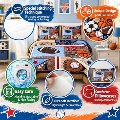 Kids Football Bedding Set Twin Size,Sports Comforter Sets for Boys Teens Bedroom Decor,Baseball Basketball Bed in a Bag Ball Sport Brown Grid Patchwork Quilted Duvet Child Bed Set with 1 Pillowcase