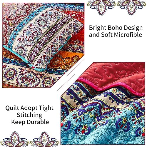 WONGS BEDDING Boho Quilt Queen Size,3 Pcs Bedspread Set, Red