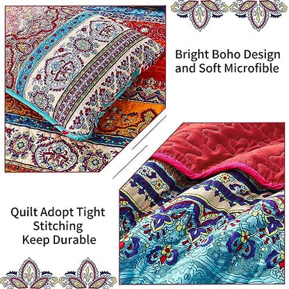 WONGS BEDDING Boho Quilt Queen Size,3 Pcs Bedspread Set, Red