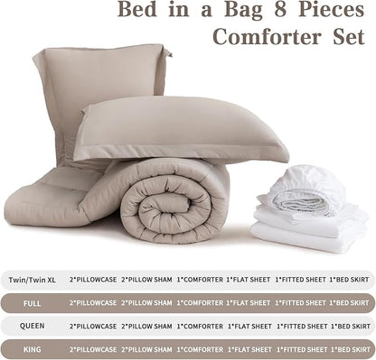 White Queen Comforter Set - 8 Piece Bed in a Bag All Season Luxury Bedding Sets with Reversible Microfiber Comforter, Bed Skirt, Flat Sheet, Fitted Sheet, Pillowcase and Pillow Sham