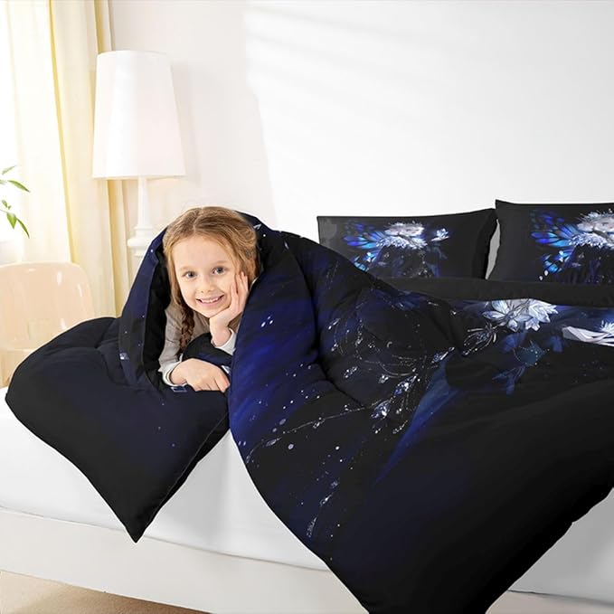 Erosebridal Gothic Girls Comforter Set for Kids Boys Girls A Girl Wearing A Crown Bedding Butterfly Diamond Feather Print Duvet Set Coquette Princess Comforter Full with 2 Pillowcases
