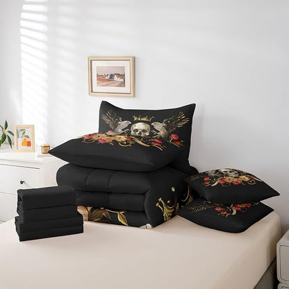 Erosebridal Sugar Skull Bed in a Bag King Size Comforter Set 7 Pieces,Eagle Bedding Sets Bohemian Flowers Sheet Set with Comforter
