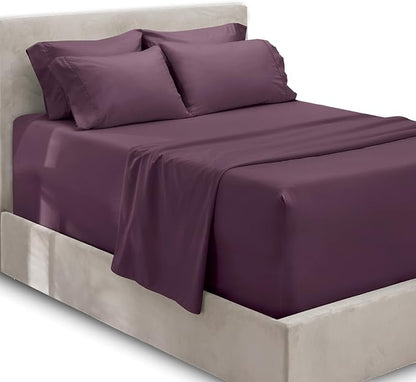 Hearth & Harbor Extra Deep Pocket Sheets - Fits Mattress 18-24 Inches Deep - Extra Deep Pocket Split King Size Sets - 7 Piece Split King Size - Eggplant