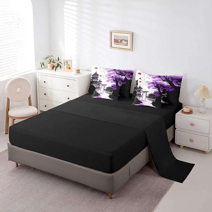 7 Piece Japanese Bedding Set With Sheets Twin Sun Cherry Blossom Comforter Set Watercolor Black Purple Mountain Sakura Floral Bed In A Bag For Girls Adults Women Asian Chinese Ink Anime Bed Set