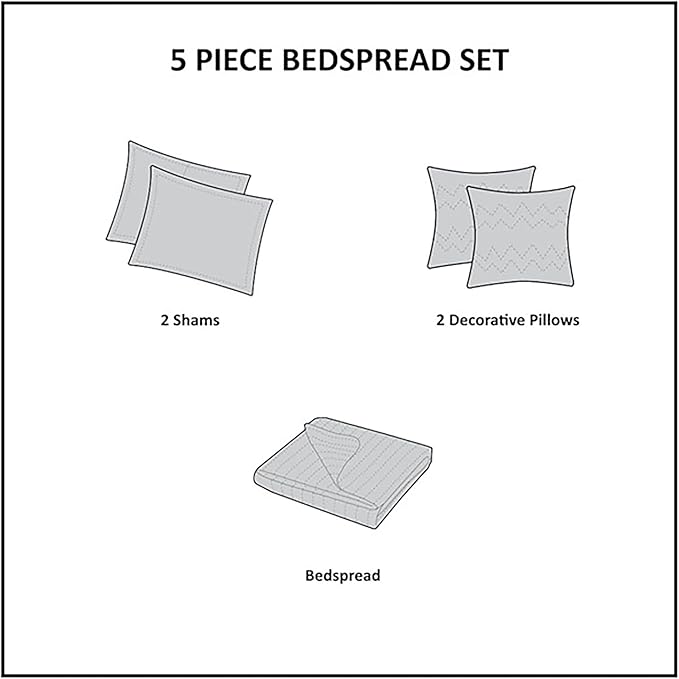 Madison Park Princeton Reversible Quilted Bedspread Set, Solid Reverse Summer Breathable, Lightweight All Season Bedding Layer, Matching Shams, Bedspread King(120"x118"), Blue 5 Piece