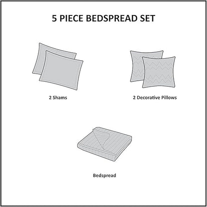 Madison Park Princeton Reversible Quilted Bedspread Set, Solid Reverse Summer Breathable, Lightweight All Season Bedding Layer, Matching Shams, Bedspread Queen(102"x118"), Blue 5 Piece