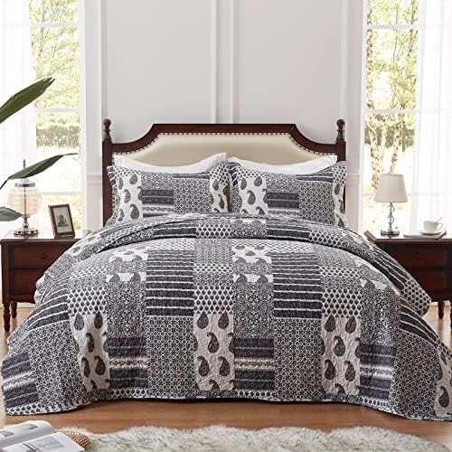 LEAONME Quilt Set Full/Queen Size 3 Piece Bedspread Coverlet Lightweight Comforter Microfiber Bedding Set for All Season Oversized 90x98 Inch Bed Cover Floral Paisley Gray(1 Quilt,2 Pillow Shams)