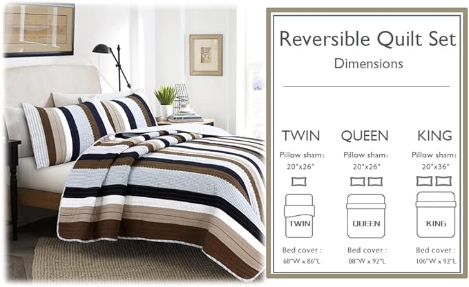 Cozy Line Home Fashions Sailor Navy Blue Star Striped Print Cotton Reversible Bedding Quilt Set (Nathan Stripe, King)