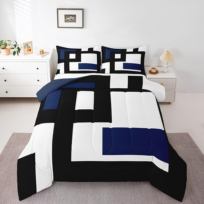 Erosebridal Black and White Striped Comforter Set Twin Size,Abstract Square Bedding for Kids Teens Adult,Modern Geometric Stripes Bold Lines Quilt,Minimalist Stylish Plaids Duvet Insert