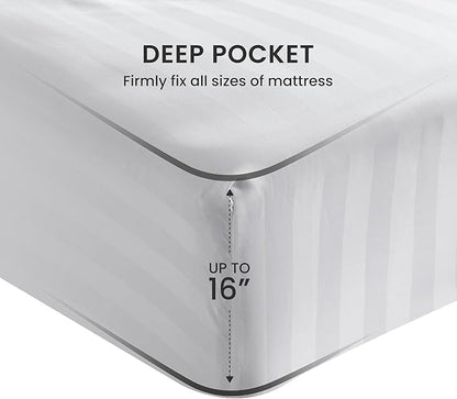 SLEEP ZONE Striped Cooling Twin Sheets Set for Kids - Fitted Flat Sheet & Pillowcase Sets 3 Piece - Super Soft Stripe Bed Sheet, Easy Care, Deep Pocket (White, Twin)