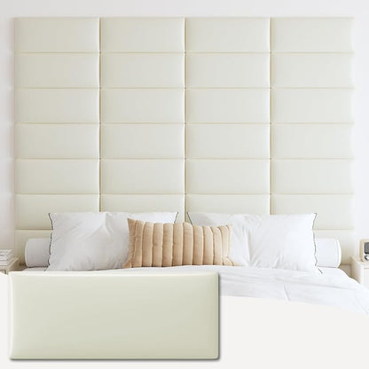 IFNOW Wall Mounted Headboard, Peel and Stick Panels, White, King | Upholstered 3D Soundproof Acoustic Panels Reusable and Removable Padded Leather Bed Headboard, 12 Panels 9.84" x 23.62"