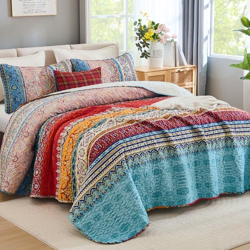 WONGS BEDDING Boho Quilt Queen Size,3 Pieces Soft Blue Stripe Bedding Set